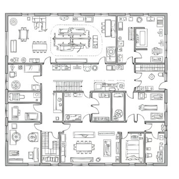 Detailed hand drawn architectural floor plan showcasing a spacious residential layout with multiple rooms including bedrooms living areas kitchen bathrooms and dining spaces depicting furniture