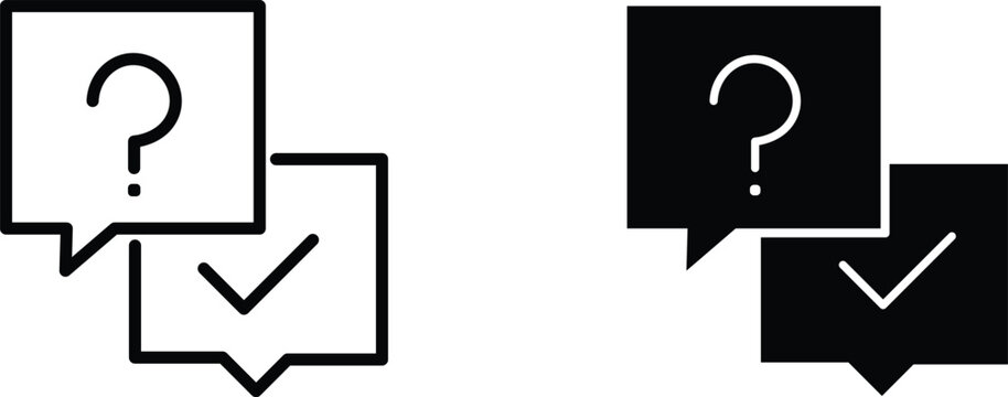 Minimalist question and answer icons, black and white speech bubble vector set, FAQ and support chat symbols for web design