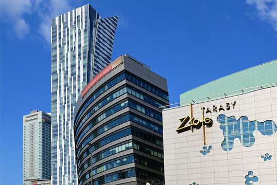 Warsaw, Poland, Europe - 03.2026 : City center next to Warszawa Centralna railway station, from left: luxury Intercontinental Hotel, Złota 44 residential skyscraper, Warsaw Towers and Złote Tarasy 