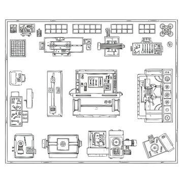 Top view aerial perspective rendering of a comprehensive industrial workshop floor plan displaying various heavy machinery workbenches with tools storage units and intricate operational