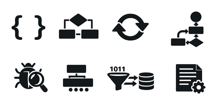 Programming and debugging icons including flowcharts on panel