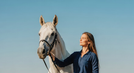 Obraz premium A woman stands with a white horse under a clear blue sky
