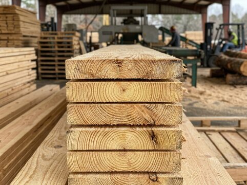 Stacked wooden planks in a lumber mill with machinery and workers visible in the background, showcasing the timber processing environment and industrial setting