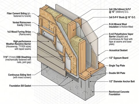 Detailed architectural illustration of wall assembly with labeled components including insulation, vapor barrier, and siding materials for construction reference
