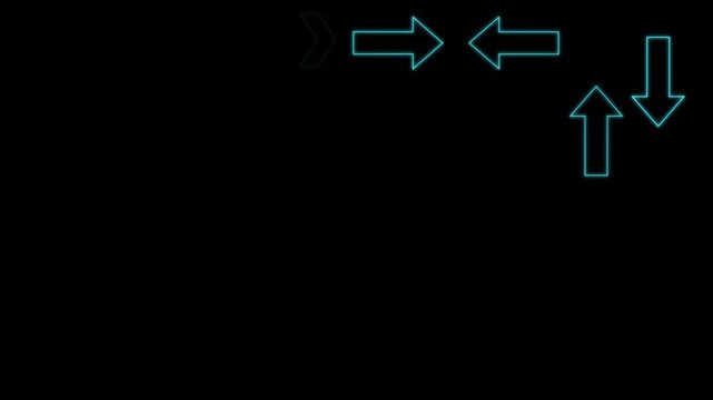 Neon blue arrow symbols flickering on black background for digital overlay animation.