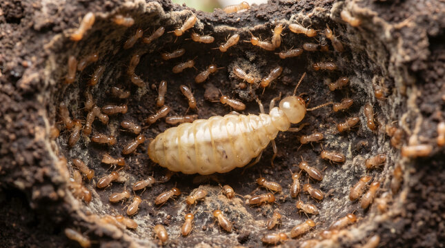 Close-up of a subterranean termite nest, revealing the large, pale queen termite surrounded by many worker termites in their intricate underground habitat