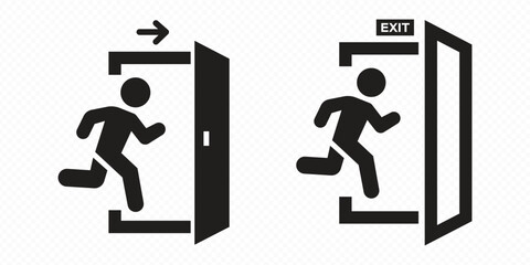 Set of green emergency exit signs with running man icons arrows and exit text showing safe evacuation routes and directions. Ideal for fire safety plans public buildings offices hospitals malls © top3