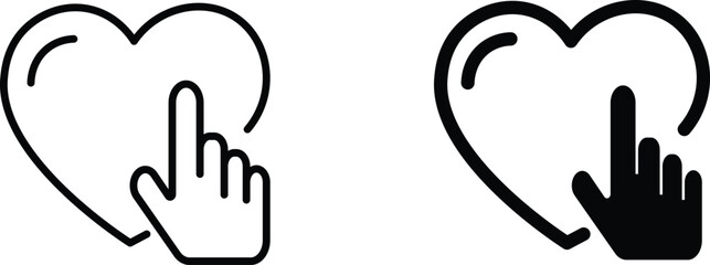 Fototapeta premium Minimalist heart click icon set, black line art hand cursor touching heart symbol, social media like and love button vector graphics