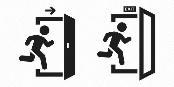 Set of green emergency exit signs with running man icons arrows and exit text showing safe evacuation routes and directions. Ideal for fire safety plans public buildings offices hospitals malls