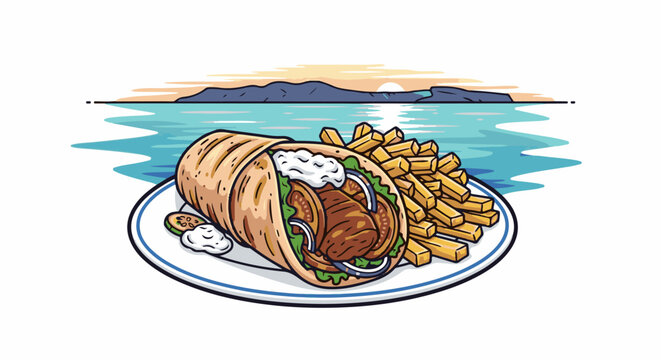 A delicious gyro and fries on a plate with ocean sunset background