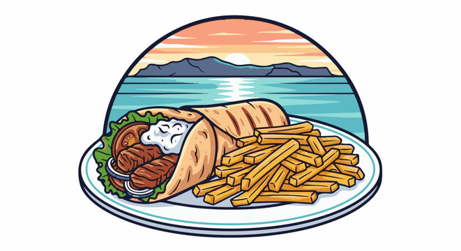 A delicious meal featuring a gyro and french fries served by the sea at sunset