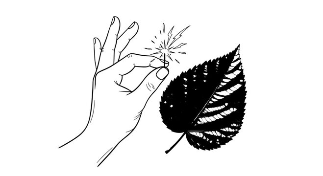 Hand holding a sparkler with a dark leaf nearby, simple line drawing featuring illustration, black and white, sparkles with firework and finger
