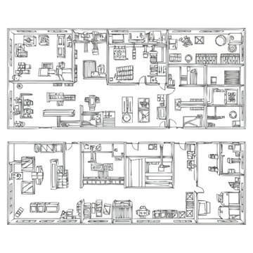 Detailed architectural blueprint displaying a comprehensive floor plan layout of various interior spaces and functional areas with precise annotations for building construction and design