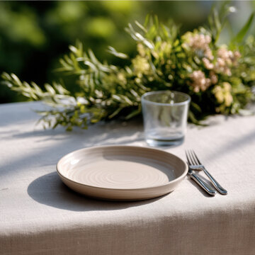 Neutral ceramic plate glass fork knife on linen tablecloth outdoor garden setting sunlight floral arrangement peaceful mood