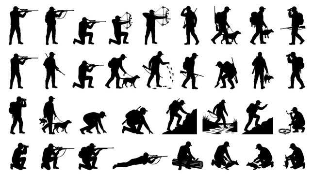 Collection of Silhouettes Depicting Various Hunting and Outdoor Activities with Rifles, Bows, and Dogs.
