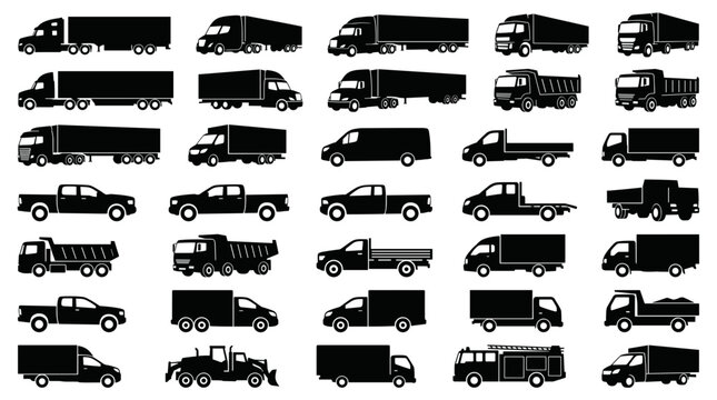 A comprehensive collection of black and white silhouette illustrations of various types of trucks and utility vehicles.