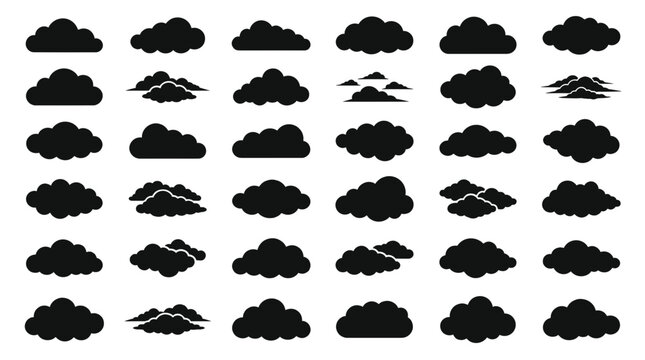 A collection of 40 black cloud silhouettes of various shapes and sizes, presented on a white background.
