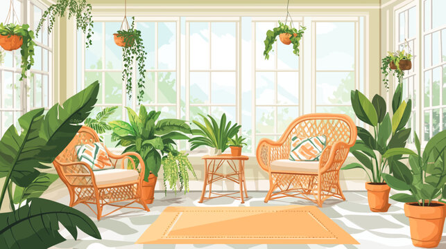 A cozy sunroom illustration with rattan chairs, lush greenery, and large windows