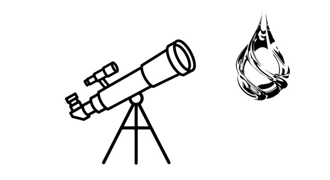 Telescope astronomy tool with simple line art, tripod stand and flame burst icon for space exploration and science posters