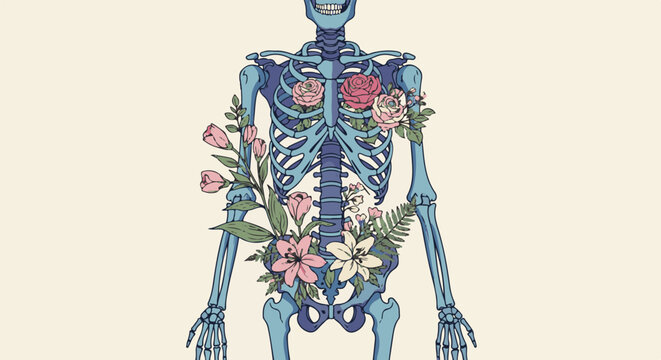 A blue skeleton adorned with a delicate arrangement of pastel flowers