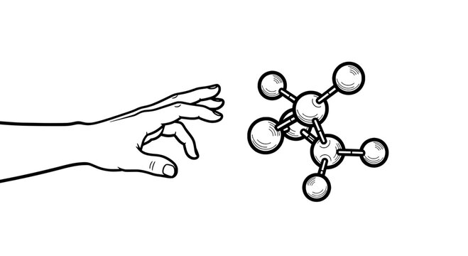 Molecule model with a hand reaching out to touch it, illustrating a chemical structure featuring science, chemistry, illustration with educational