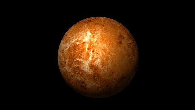 Venus planet spinning in dark space on black background during cinematic astronomical voyage.