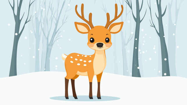A cute cartoon deer with antlers stands in a snowy winter forest, illustrated in a friendly style