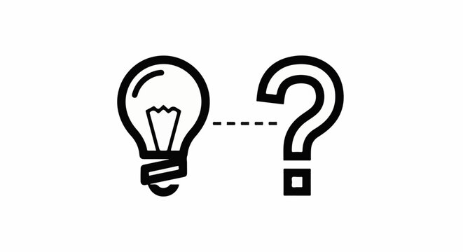 A black line drawing of a lightbulb and a question mark connected by dashed lines