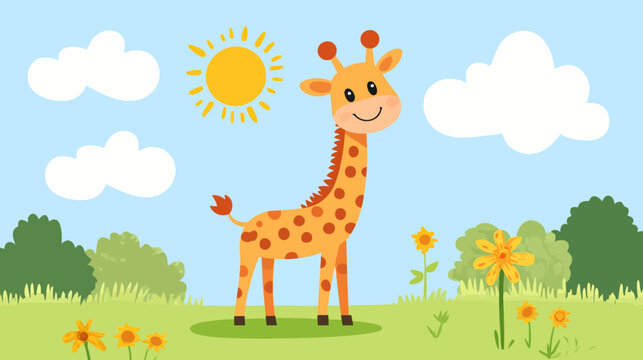 A smiling giraffe stands in a sunny field with flowers and trees under a blue sky