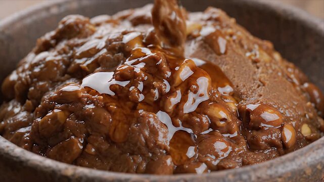 Bagoong Fermented Shrimp Paste Topping with Brown Sugar Liquid Drizzled in Wooden Bowl. Traditional Filipino Global