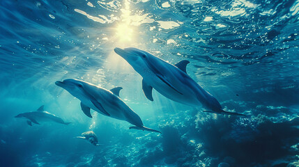 Naklejka premium Underwater view of a group of bottlenose dolphins swimming in the blue ocean with sunlight beams and coral reef