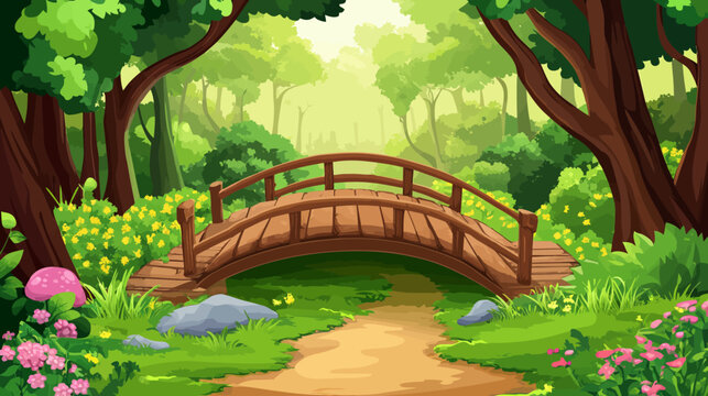 A vibrant cartoon forest scene with a wooden bridge arching over a path leading into the distance