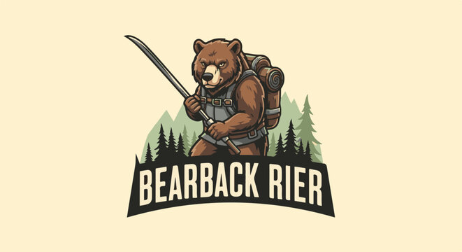 A cartoon bear in hiking gear, holding a staff, stands in a forest