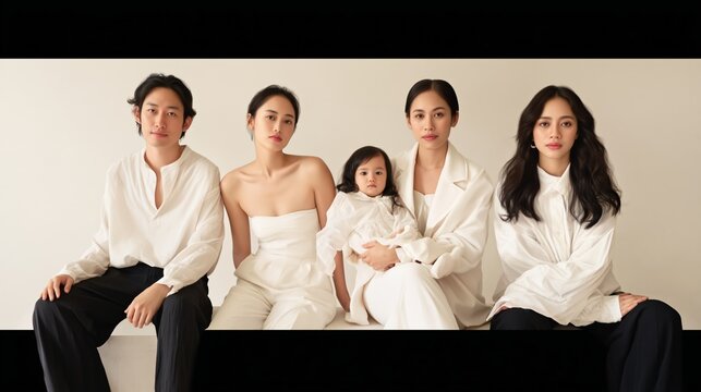 Group portrait of people sitting together wearing neutral tones in minimal studio setting