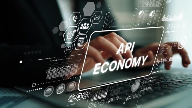 Business Concept of API Economy with Data Visualization and Technology Integration in Modern Workspace. Asymptotic smart data analytic.