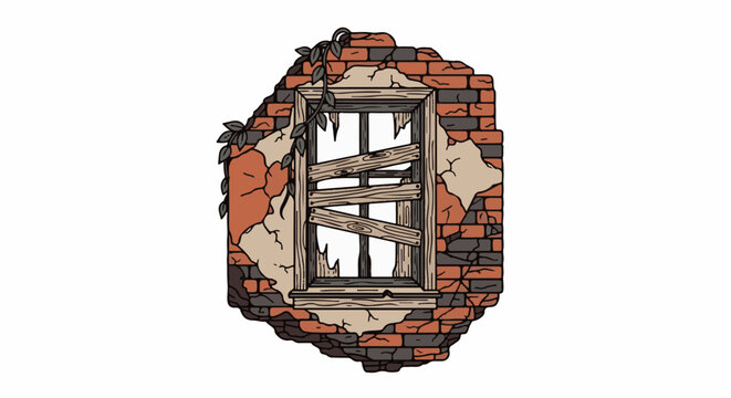 A dilapidated brick wall section with a boarded-up window and creeping vines