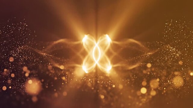 A symmetrical golden light beam flanked by mesmerizing flowing particles, forming an abstract hourglass-like shape in deep space.