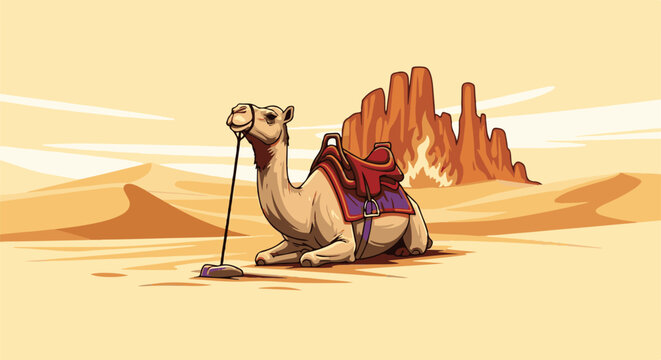 Pixel art camel rests in a desert landscape with saddle and rocky formations