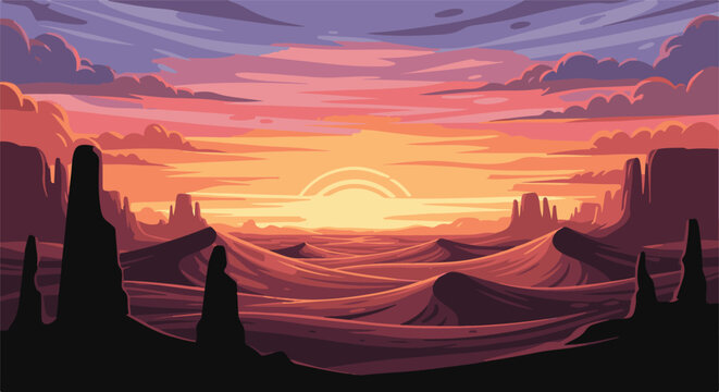 Pixelated desert landscape with a vibrant sunset and dramatic rock formations