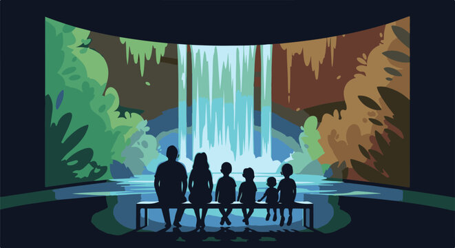 A family silhouetted watching a majestic indoor waterfall display