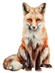 Fototapeta premium Watercolor illustration of a red fox sitting and looking forward on a white background