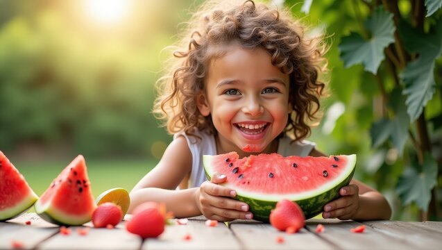Happy little girl eating juicy watermelon slices outdoors in summer garden. Smiling child enjoying fresh fruit, healthy snack and sunny day, bright lifestyle scene with natural light and cheerful mood