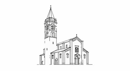 Fototapeta premium Striking outline drawing of a historic church with a tall bell tower