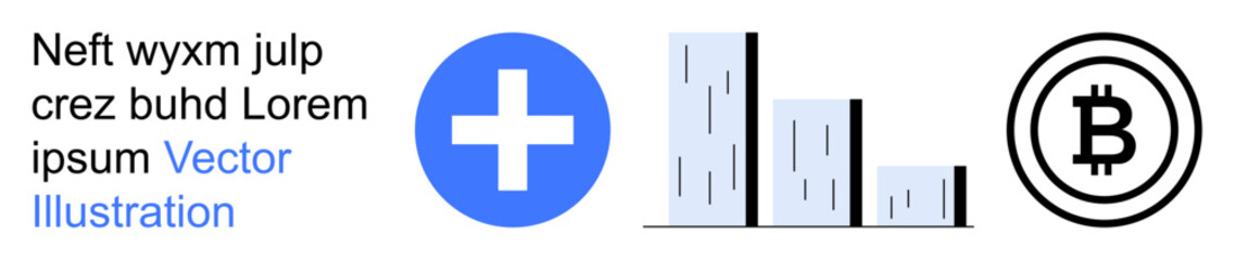Fototapeta premium Financial analysis, cryptocurrency, healthcare, data trends, technology, investment strategies. Blue medical cross, bar graph and Bitcoin logo on white background. Healthcare and cryptocurrency
