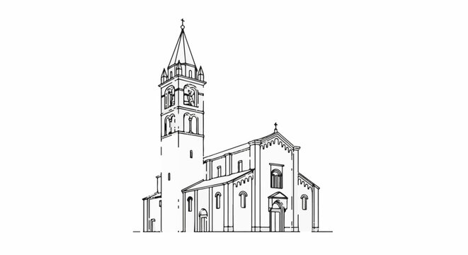 Striking outline drawing of a historic church with a tall bell tower