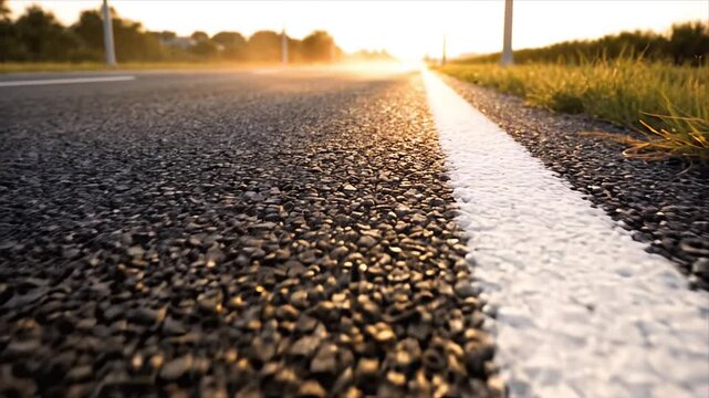 Close-Up Asphalt Road with White Lane Marking at Golden Sunset Hour for Infrastructure Design and Transportation