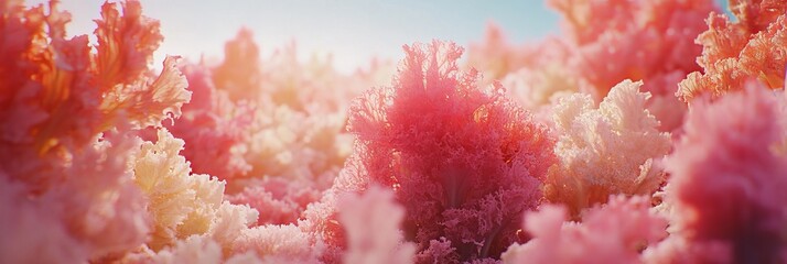 Fototapeta premium Vibrant Rows of Cultivated Lettuce Bathed in Soft Pink Light, Showcasing Nature s Beauty and Growth