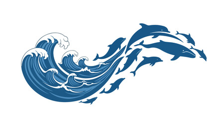 Obraz premium Dynamic illustration of powerful ocean waves crashing with white foam and deep blue water under a clear sky