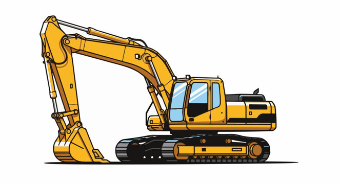 Yellow excavator with articulated arm and bucket on tracks