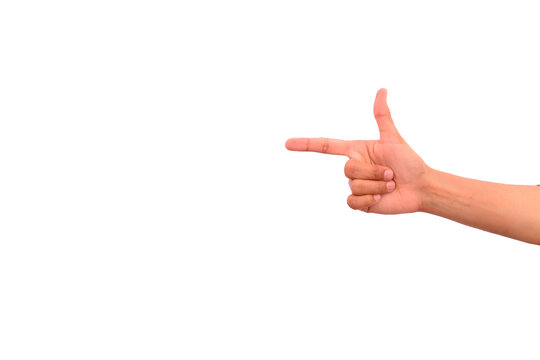Human hand pointing finger to the side on white background indicating direction or selection